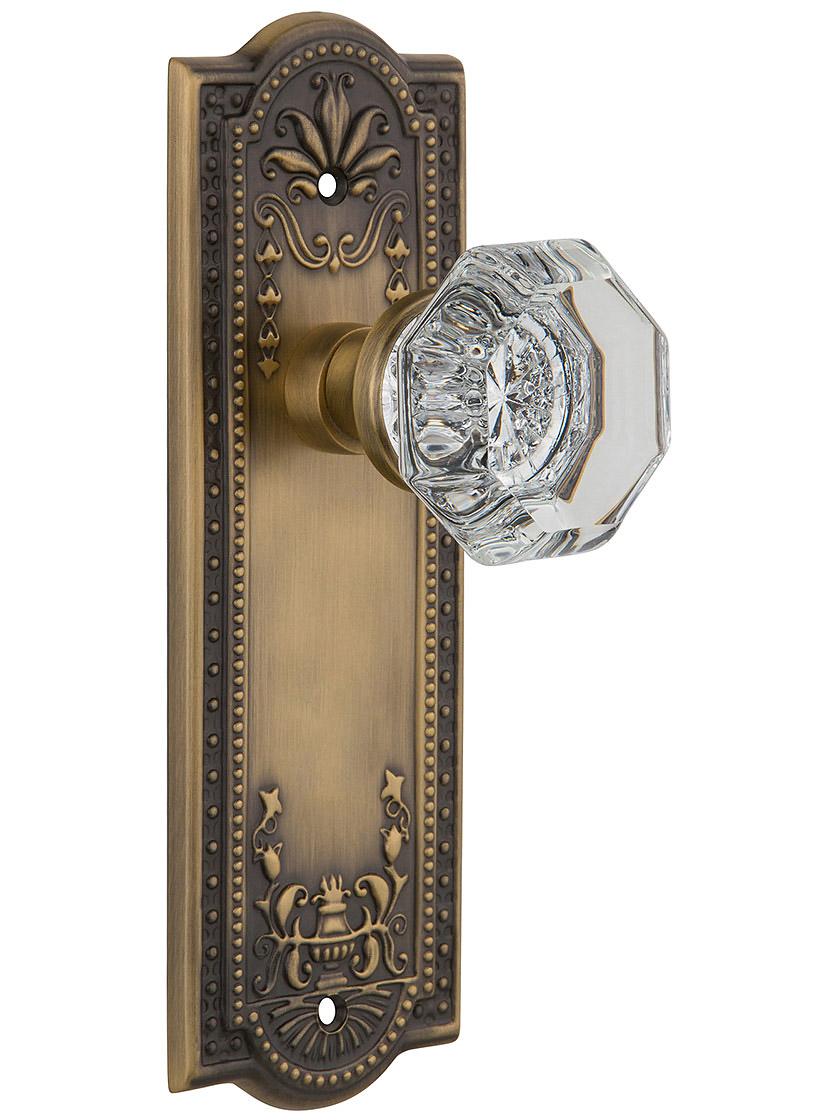 Meadows Style Door Set With Waldorf Crystal Door Knobs Function in Antique Brass.